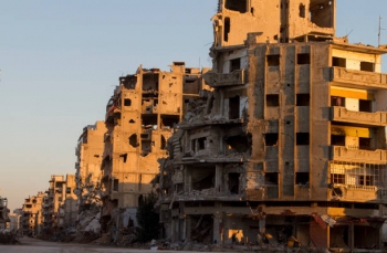 Destroyed buildings in the center of Homs