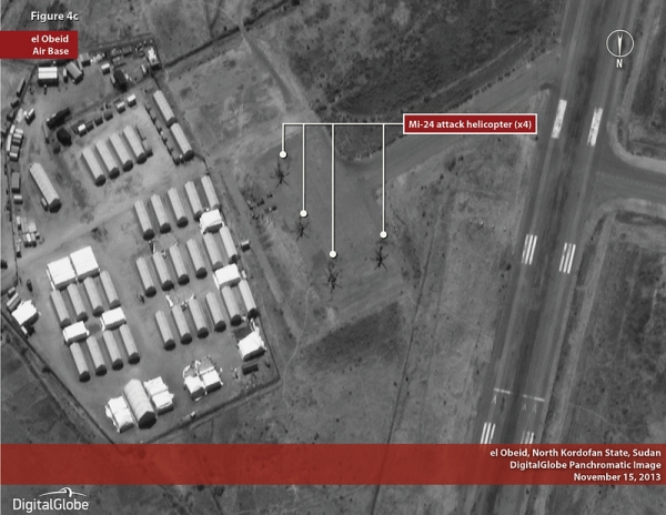 Immagini satellitari di quattro elicotteri d'attacco Mi-24, el Obeid, Kordofan settentrionale, 22 novembre 2013.