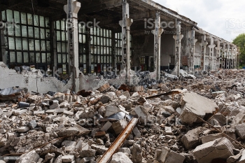 Destroyed factory building in Yemen.