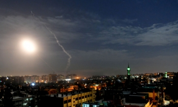 Missiles flying into the sky near the international airport in Damascus, Syria, 2019.
