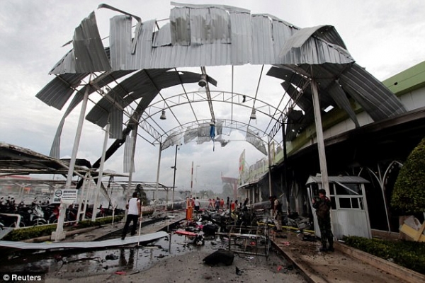 Blast site seen outside of supermarket in Pattani, Thailand May 9, 2017