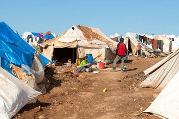Damaged tents in aSyrian refugee camp
