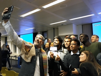 Together against child exploitation: Nobel Peace Prize Kailash Sathiarthy takes a selfie with a  group of students