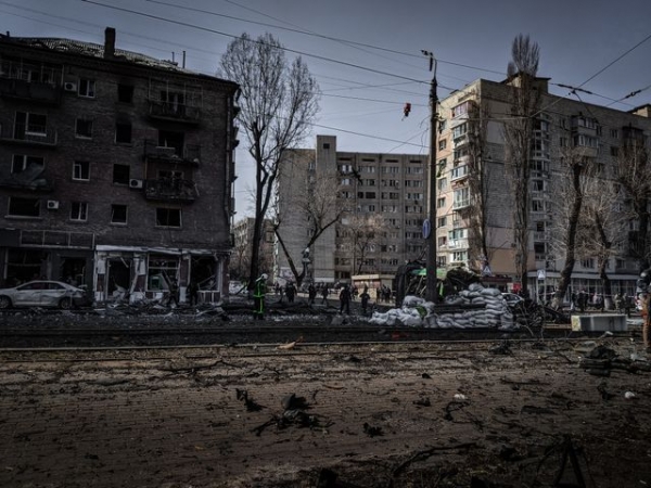 Destruction in the streets of Kyiv in the aftermath of urban conflict