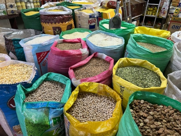 Bags of legumes and cereals at the market