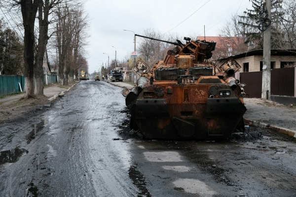 tank in the middle of a street in Bucha, Ukraine