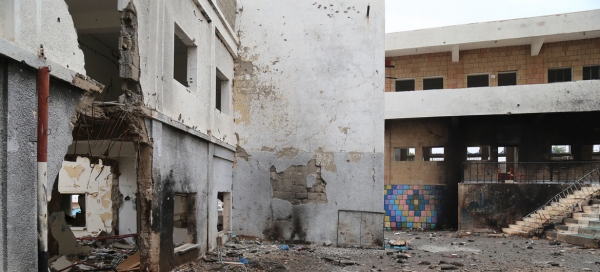 Una scuola danneggiata nella citt&agrave; di Taiz