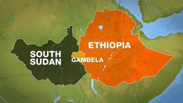 Map highlighting Ethiopia and South Sudan with the Gambella region bordering both where the raid occurred