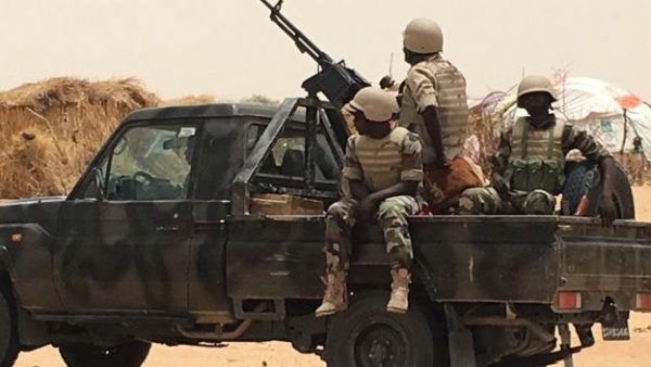 Niger soldiers on flatbed truck in Diffa