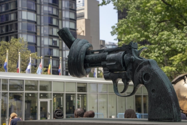 The Non-Violence sculpture, also known as The Knotted Gun, at the UN Headquarters.