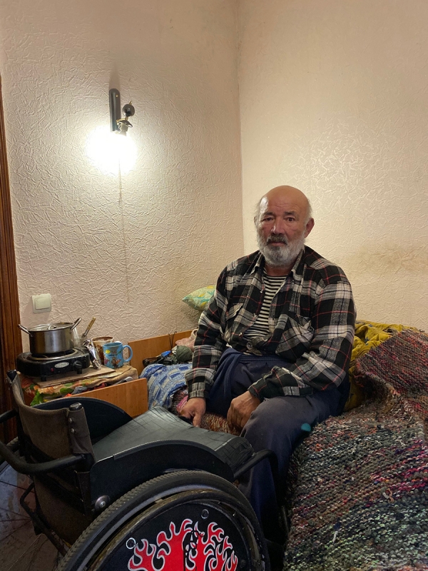 Sasha, 61, internally displaced resident with disabilities in the Sviati Hory housing facility, Sviatohirsk, Ukraine