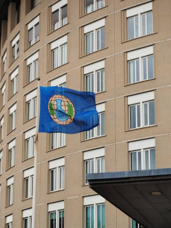  Flag of the OPCW in front of the Headquarter building in the Hague 