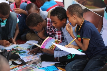 Children studying in group in Mogadishu, Somalia