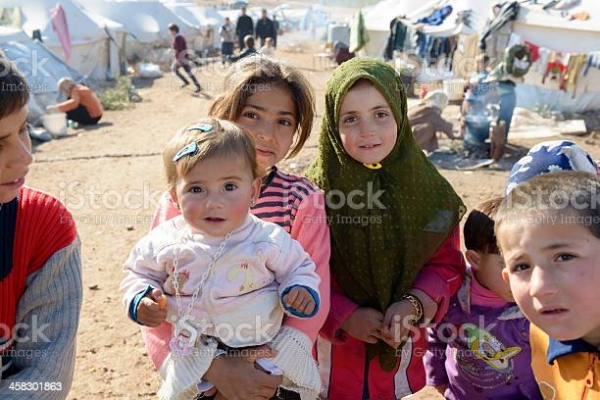 Internally displaced Syrians children at a refugee camp in Atmeh, Syria