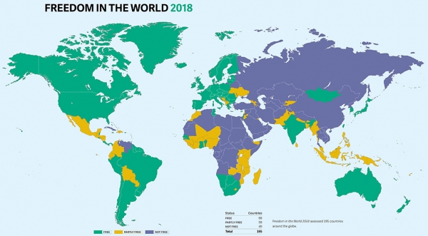 La mappa del Rapporto illustra lo stato della democrazia in 195 paesi nel 2017
