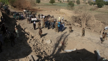 The site of the truck bomb attack in Ghanikhil district, in Nangarhar province