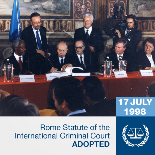 Representatives of member States sign the Rome Statute of the International Criminal Court on 17 July 1998