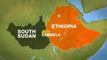 Una mappa illustra la posizione della regione di Gambella, tra Etiopia e Sud Sudan.