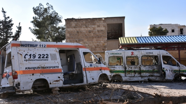 The wreckage of ambulances in Aleppo