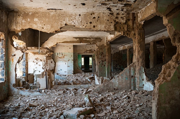 Interior view of the abandoned and bullet-scarred hospital in Quneitra, Syria