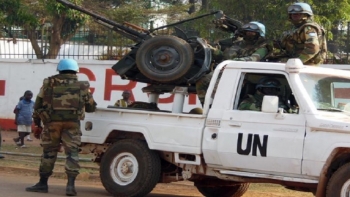 UN peacekeepers patrol along a street in Bangui, the capital of Central African Republic 
