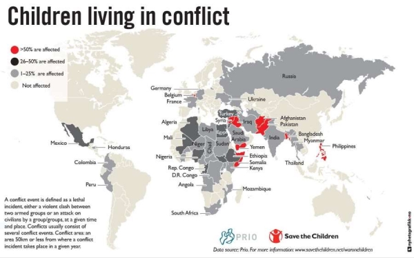 Mappa della distribuzione percentuale di bambini colpiti da conflitti armati nel mondo.