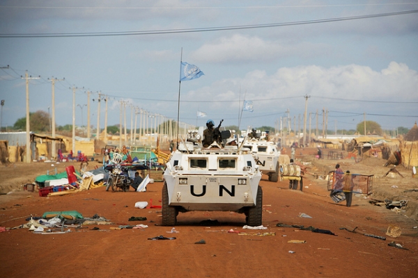 A UN peacekeeping convoy patrolling the border between Sudan and South Sudan