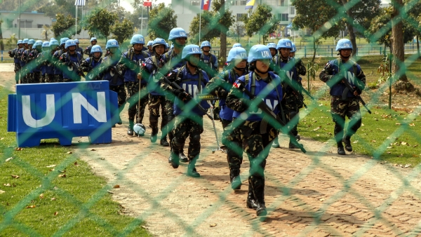 Philippine Marines arrive at a field training during a multinational United Nations peacekeeping exercise 