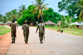 Mozambican soldiers patrol the streets in Mocimboa da Praia, March 2018