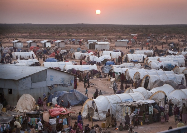 View of a refugee camp at sunset