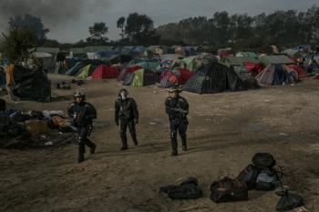 Riot police at the Jungle in Calais, France