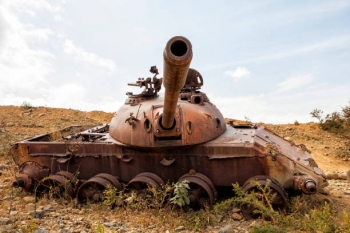 The wreckage of a tank in Tigray