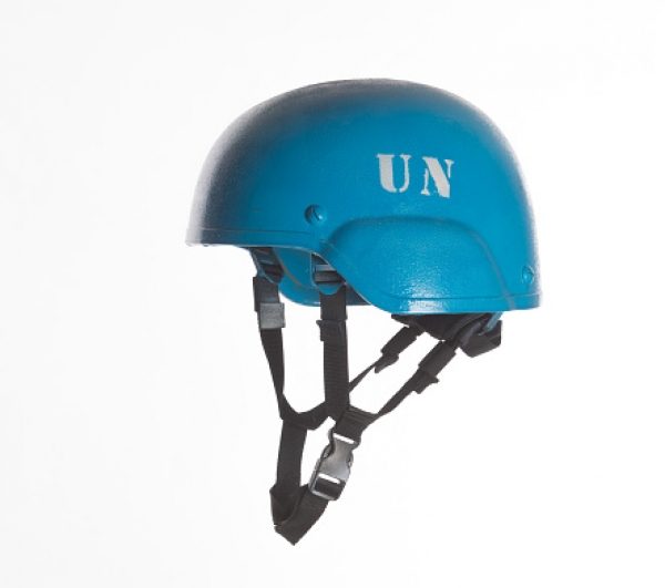 A blue military helmet of the UN peacekeeping operations
