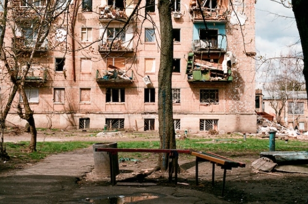 A residential building damaged by Russian airstrikes in Kyiv, Ukraine