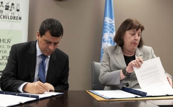 The Force Commander of the Syrian Democratic Forces, General Mazloum Abdi and the Special Representative of the UN Secretary-General for Children and Armed Conflict, Virginia Gamba, signed an Action Plan to end and prevent recruitment and use of children, 29 June, 2019.