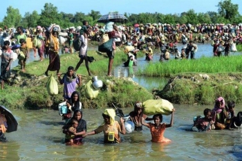 Rohingya refugee crossing a shallow canal